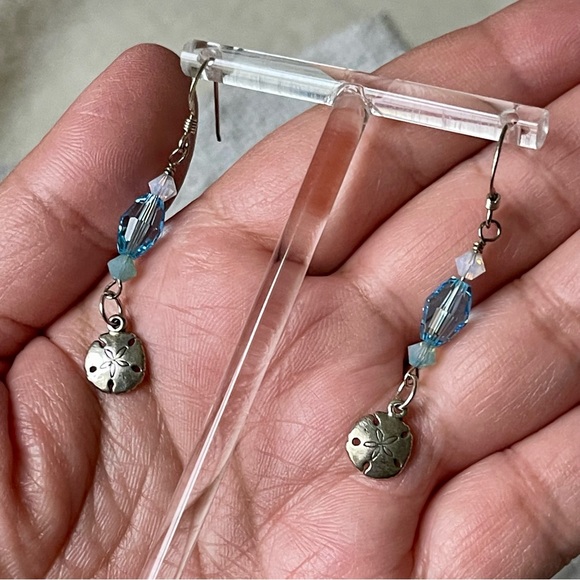 Sterling Silver Sand Dollar Blue Crystal Drop Dangle Earrings - Picture 2 of 8